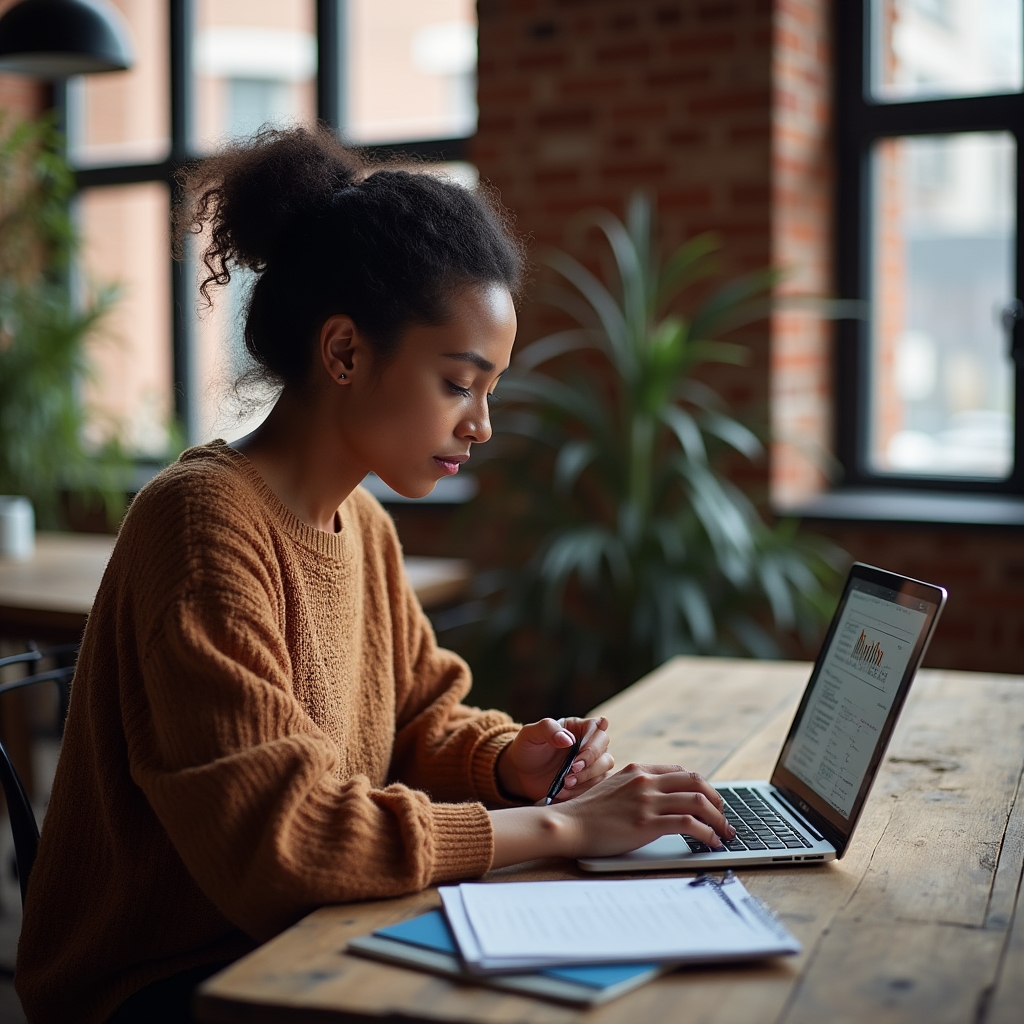 Freelancer pracuje na cenové strategii u stolu v industriální kanceláři s notebookem a poznámkami