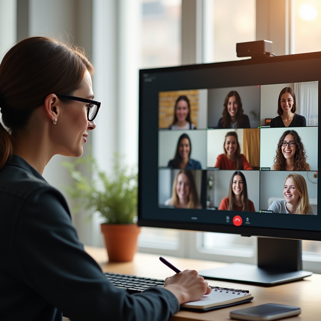 Skupina freelancerů na online workshopu, poznámky a sdílené dokumenty na obrazovkách